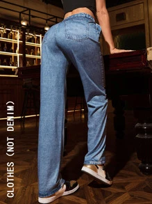 蝴蝶圖案斜口袋直筒褲 - 藍色 - 查看 3