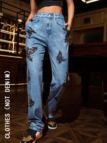 蝴蝶圖案斜口袋直筒褲 - 藍色 - 查看 4