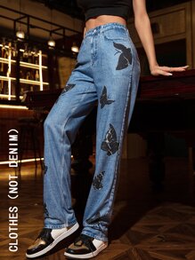 蝴蝶圖案斜口袋直筒褲 - 藍色 - 查看 6