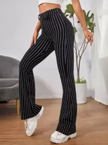 SHEIN EZwear Pantalones acampanados de talle alto de rayas con cinturón