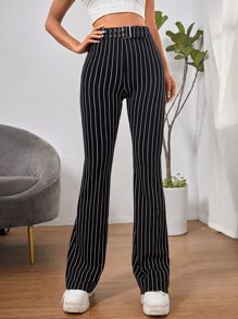 SHEIN EZwear Pantalones acampanados de talle alto de rayas con cinturón