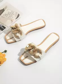 Women Metal Chain Decor Crocodile Embossed Slide Sandals, Fashionable Metallic Party Flat Sandals - White - View 2