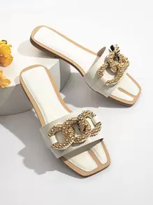 Women Metal Chain Decor Crocodile Embossed Slide Sandals, Fashionable Metallic Party Flat Sandals - White - View 4