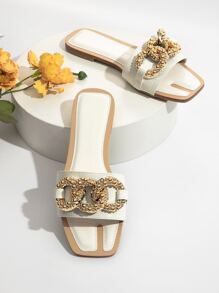 Women Metal Chain Decor Crocodile Embossed Slide Sandals, Fashionable Metallic Party Flat Sandals - White - View 5