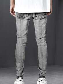 ROMWE MEN 男士破洞牛仔褲 - 灰色 - 查看 2