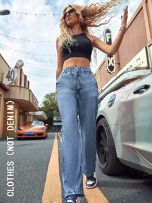 彈性腰帶直筒褲 - 藍色 - 查看 5