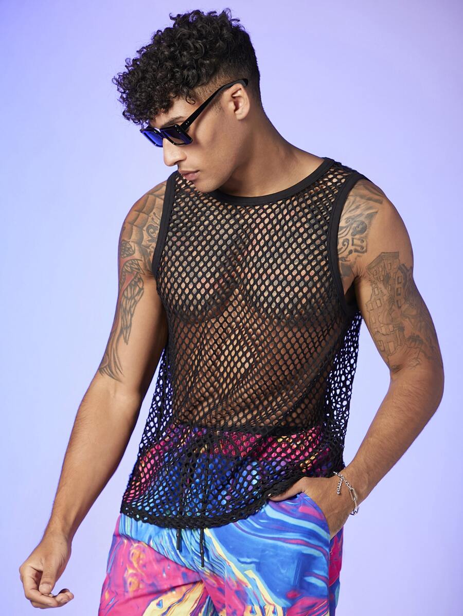 Manfinity Men Contrast Binding Semi Sheer Tank - Black - View 1