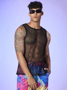 Manfinity Men Contrast Binding Semi Sheer Tank - Black - View 3