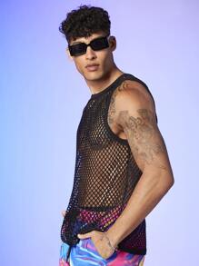 Manfinity Men Contrast Binding Semi Sheer Tank - Black - View 5