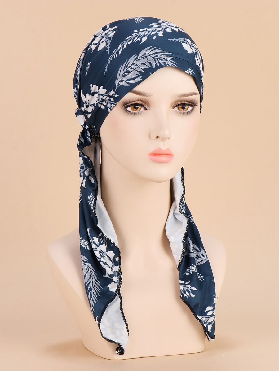 樹葉印花長款尾巴頭巾帽 - 黑色 - 查看 1