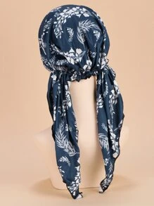 樹葉印花長款尾巴頭巾帽 - 黑色 - 查看 2