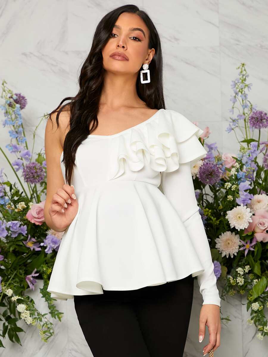 SHEIN Maternidad Blusa peplum de un hombro ribete con fruncido - Blanco - Ver 1
