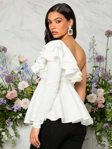 SHEIN Maternidad Blusa peplum de un hombro ribete con fruncido - Blanco - Ver 2