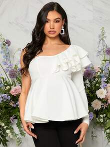 SHEIN Maternidad Blusa peplum de un hombro ribete con fruncido - Blanco - Ver 3