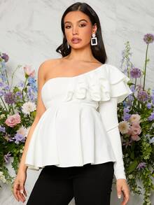 SHEIN Maternidad Blusa peplum de un hombro ribete con fruncido - Blanco - Ver 5