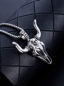 男士公牛吊墜項鍊 - 復古銀色 - 查看 1