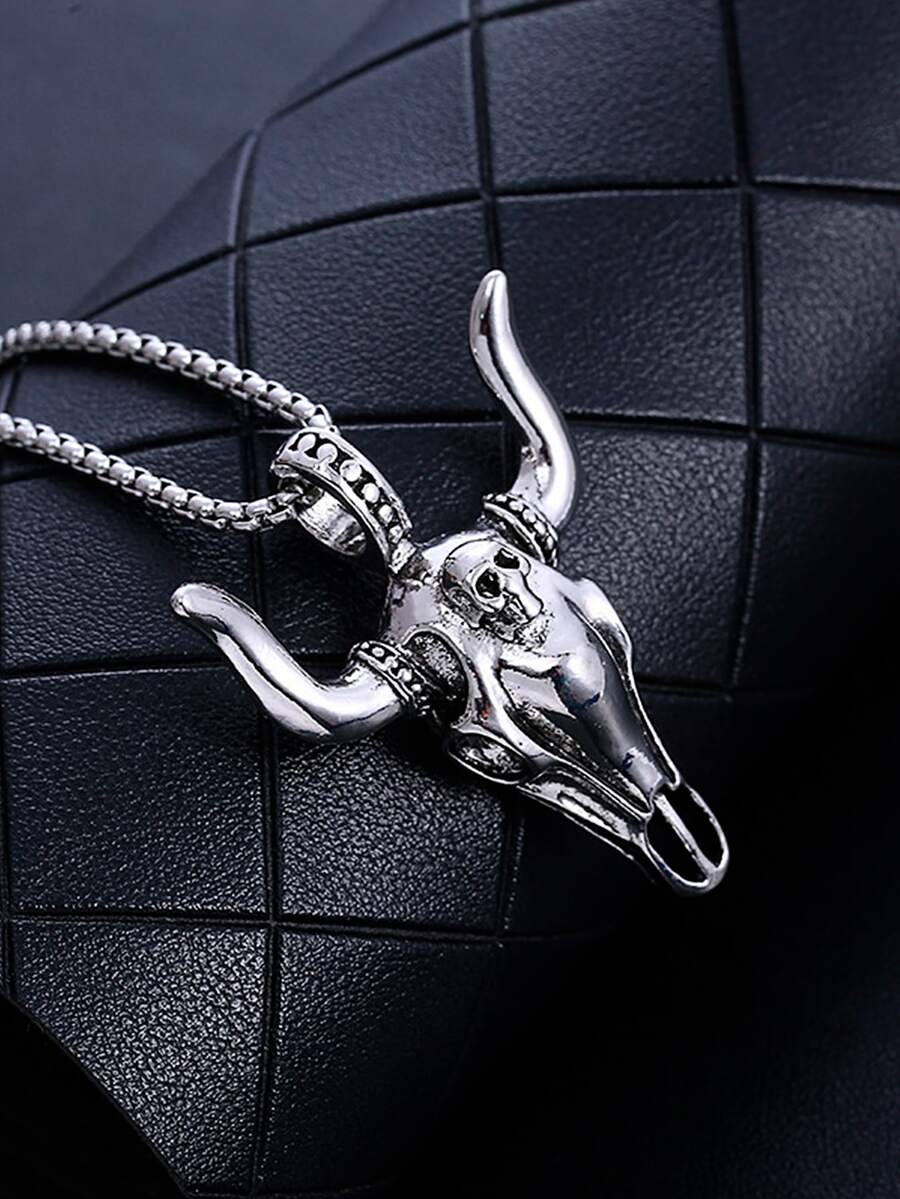男士公牛吊墜項鍊 - 復古銀色 - 查看 1