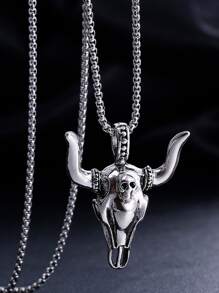 男士公牛吊墜項鍊 - 復古銀色 - 查看 3