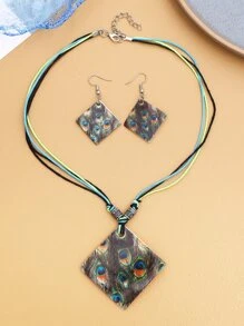 孔雀羽毛圖案幾何吊墜項鍊和耳墜 - 彩色 - 查看 3