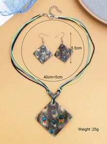 孔雀羽毛圖案幾何吊墜項鍊和耳墜 - 彩色 - 查看 4