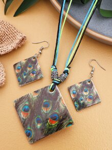 孔雀羽毛圖案幾何吊墜項鍊和耳墜 - 彩色 - 查看 5
