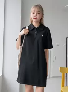 DAZY Rabbit Embroidery Polo Tee Dress - Black - View 1