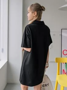 DAZY Rabbit Embroidery Polo Tee Dress - Black - View 2