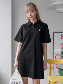 DAZY Rabbit Embroidery Polo Tee Dress - Black - View 3