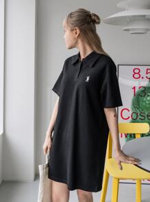 DAZY Rabbit Embroidery Polo Tee Dress - Black - View 4
