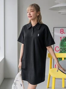DAZY Rabbit Embroidery Polo Tee Dress - Black - View 5