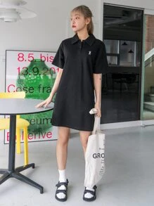 DAZY Rabbit Embroidery Polo Tee Dress - Black - View 6