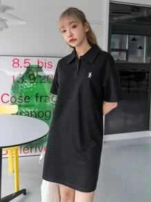 DAZY Rabbit Embroidery Polo Tee Dress - Black - View 7