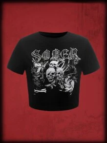 ROMWE Grunge Punk Kpop Skull Letter Graphic Tee - Black - View 2