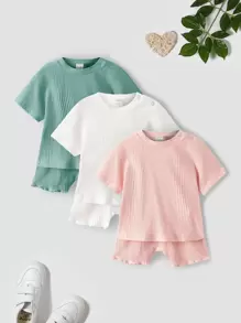 SHEIN Bebé tejido de canalé Top con Shorts - Verde - Ver 1