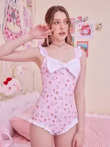 ROMWE Kawaii Rabbit & Strawberry Graphic Gingham Bow Decor One Piece Swimsuit - Multicolor - View 1