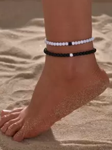 2 chiếc vòng đeo chân đính cườm hai tông màu - Đen và trắng - Xem 1