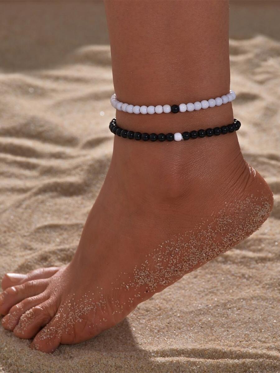 2 chiếc vòng đeo chân đính cườm hai tông màu - Đen và trắng - Xem 1