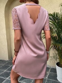 Scallop Trim Lace Insert Puff Sleeve Tunic Dress - Baby Pink - View 2