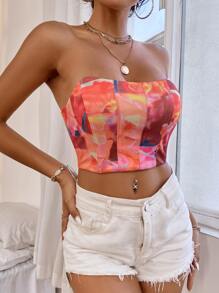 SHEIN Allurite Graphic Print Bustier Crop Tube Top - Multicolor - View 4