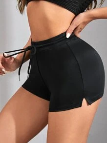 SHEIN EZwear Quần đùi nữ Dây kéo màu trơn Gợi cảm - màu đen - Xem 1