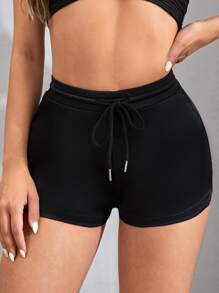 SHEIN EZwear Quần đùi nữ Dây kéo màu trơn Gợi cảm - màu đen - Xem 3