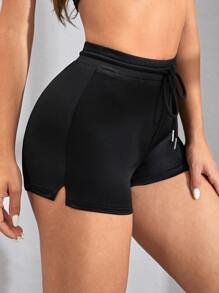 SHEIN EZwear Quần đùi nữ Dây kéo màu trơn Gợi cảm - màu đen - Xem 4