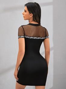 SHEIN Unity Đầm Tương phản Mesh cắt Ruy băng Lá thư Giải trí - màu đen - Xem 2