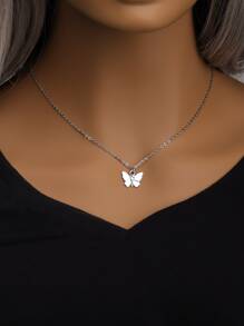 1入組蝴蝶吊墜項鍊,不銹鋼首飾類 - 銀色 - 查看 2