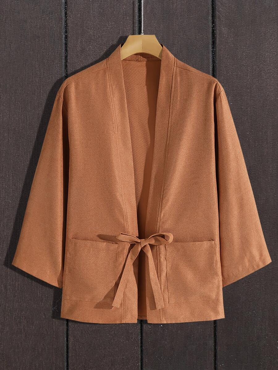 Manfinity 男士雙口袋前打結和服罩衫 - 駝色 - 查看 1