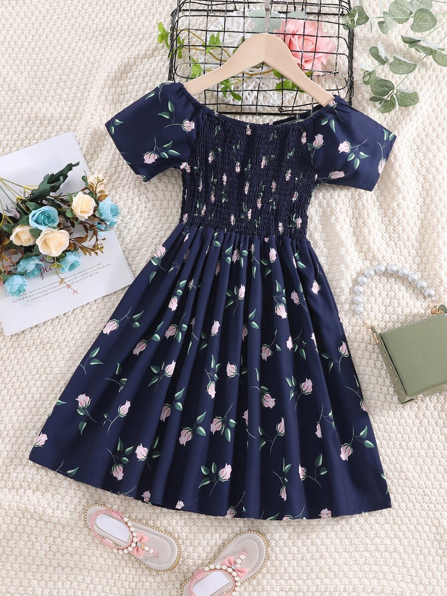 Girls Floral Print Shirred Dress - Navy Blue - View 1