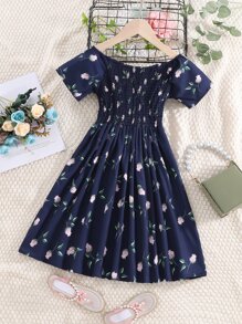 Girls Floral Print Shirred Dress - Navy Blue - View 2