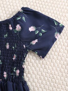 Girls Floral Print Shirred Dress - Navy Blue - View 3