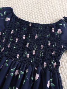 Girls Floral Print Shirred Dress - Navy Blue - View 4