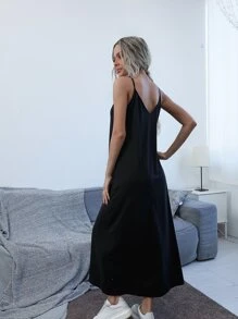 Opuloom Slant Pocket Solid Cami Dress Maxi Women Outfit - Black - View 2